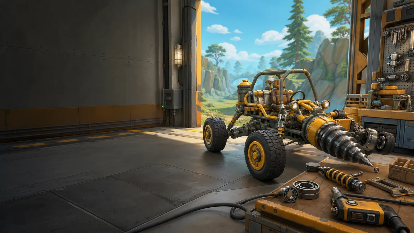 Original modular survival vehicle with a drill attachment inside a mechanical workshop